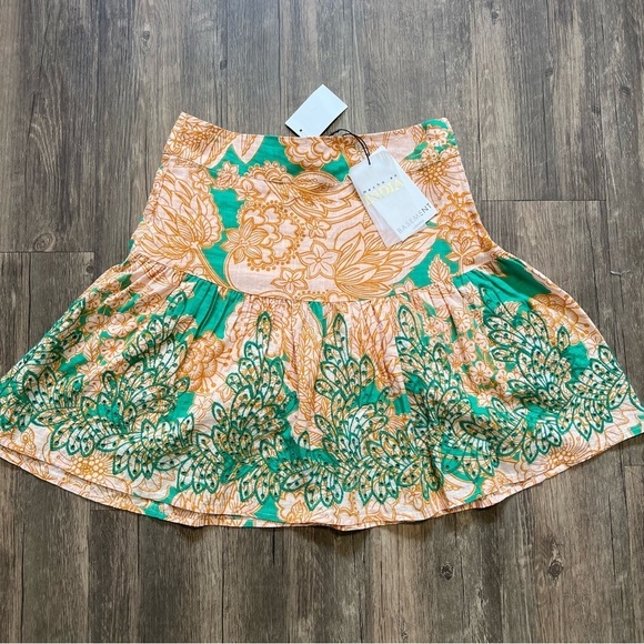 NWT Basement Tan Green Embroidered Pattern A Line Mini Skirt Size M - Picture 6 of 15
